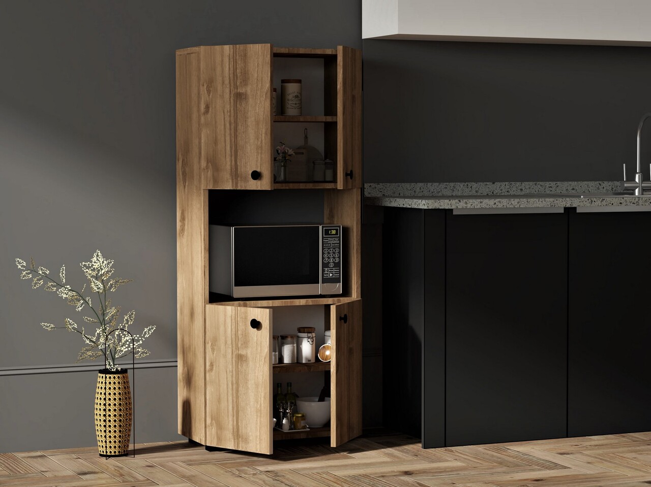 Dulap pentru bucatarie, Pua Design, Efe, 60 x 140 x 31.4 cm, pal melaminat, nuc - imagine 5